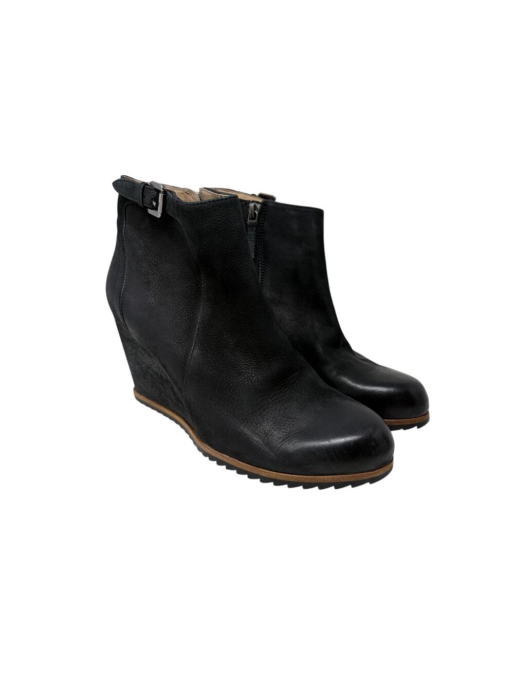 Biala Wedge Ankle Boots Womens Size 41 US 9.5 Black Leather Buckle Detail
